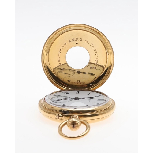 1024 - AN 18CT GOLD HALF HUNTING CASED POCKET WATCH BY DENT. the signed circular dial with Roman numerals a... 