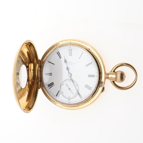 1024 - AN 18CT GOLD HALF HUNTING CASED POCKET WATCH BY DENT. the signed circular dial with Roman numerals a... 