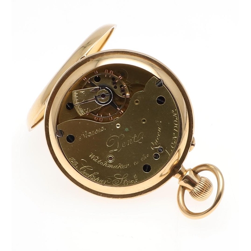 1024 - AN 18CT GOLD HALF HUNTING CASED POCKET WATCH BY DENT. the signed circular dial with Roman numerals a... 