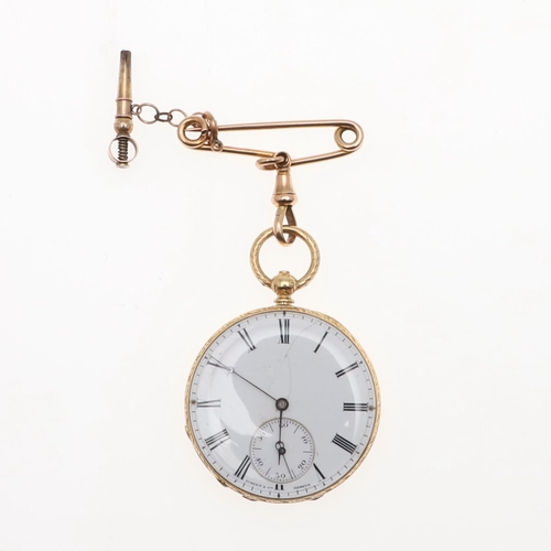 1025 - AN 18CT GOLD OPEN FACED POCKET WATCH. the white enamel dial with Roman numerals and subsidiary secon... 