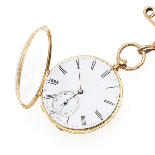 1025 - AN 18CT GOLD OPEN FACED POCKET WATCH. the white enamel dial with Roman numerals and subsidiary secon... 