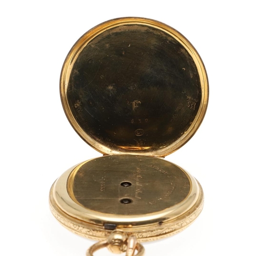 1025 - AN 18CT GOLD OPEN FACED POCKET WATCH. the white enamel dial with Roman numerals and subsidiary secon... 