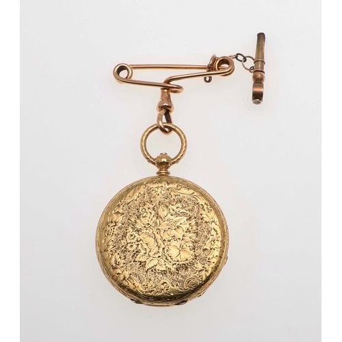 1025 - AN 18CT GOLD OPEN FACED POCKET WATCH. the white enamel dial with Roman numerals and subsidiary secon... 