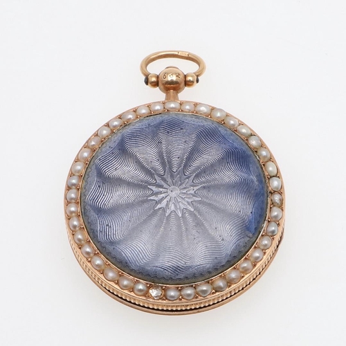 1026 - A GOLD AND ENAMEL OPEN FACED POCKET WATCH. the gold and white enamel dial with Arabic numerals and p... 