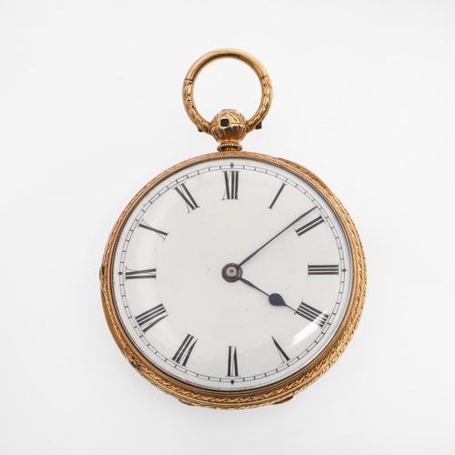 1027 - AN 18CT GOLD OPEN FACED POCKET WATCH. the white enamel dial with Roman numerals, with foliate engrav... 