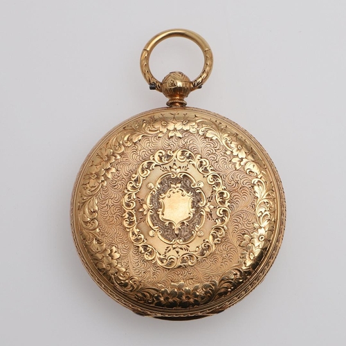 1027 - AN 18CT GOLD OPEN FACED POCKET WATCH. the white enamel dial with Roman numerals, with foliate engrav... 