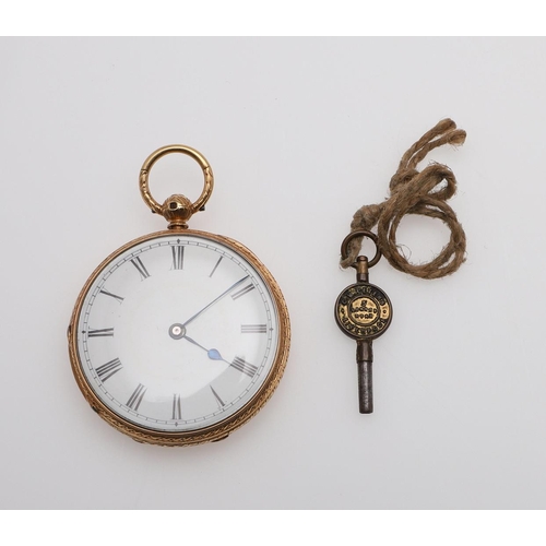 1027 - AN 18CT GOLD OPEN FACED POCKET WATCH. the white enamel dial with Roman numerals, with foliate engrav... 