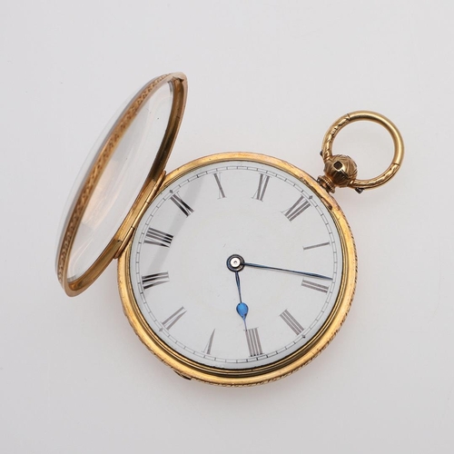 1027 - AN 18CT GOLD OPEN FACED POCKET WATCH. the white enamel dial with Roman numerals, with foliate engrav... 