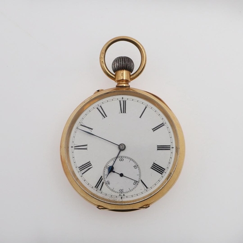 1028 - AN 18CT GOLD OPEN FACED POCKET WATCH. the white enamel dial with Roman numerals and subsidiary secon... 