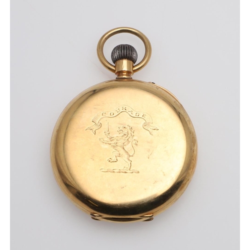 1028 - AN 18CT GOLD OPEN FACED POCKET WATCH. the white enamel dial with Roman numerals and subsidiary secon... 