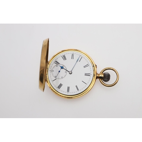 1028 - AN 18CT GOLD OPEN FACED POCKET WATCH. the white enamel dial with Roman numerals and subsidiary secon... 