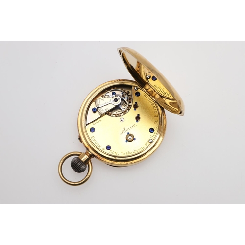 1028 - AN 18CT GOLD OPEN FACED POCKET WATCH. the white enamel dial with Roman numerals and subsidiary secon... 