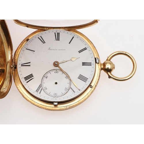 1030 - AN 18CT GOLD FULL HUNTING CASED POCKET WATCH BY BARWISE, LONDON. the signed circular dial with Roman... 