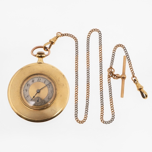 1031 - AN 18CT GOLD OPEN FACED POCKET WATCH. the circular dial with Arabic numerals and subsidiary seconds ... 