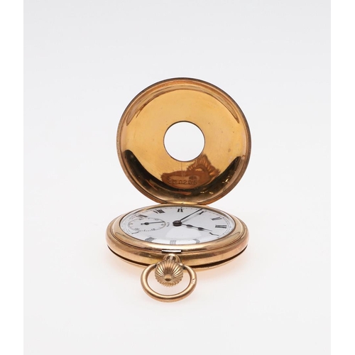 1032 - A GOLD PLATED HALF HUNTING CASED POCKET WATCH. the white enamel dial with Roman numerals and subsidi... 