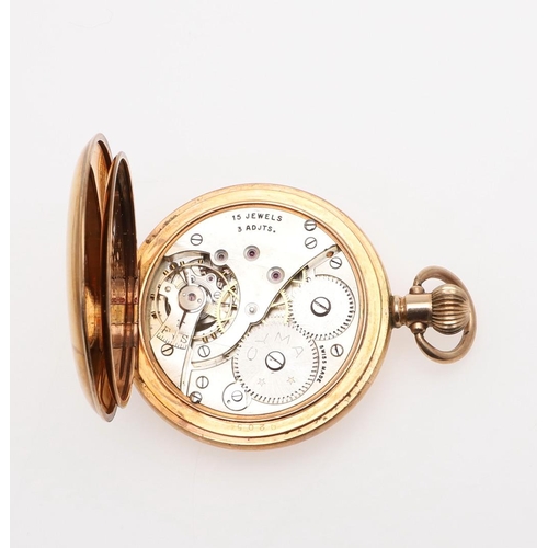 1032 - A GOLD PLATED HALF HUNTING CASED POCKET WATCH. the white enamel dial with Roman numerals and subsidi... 