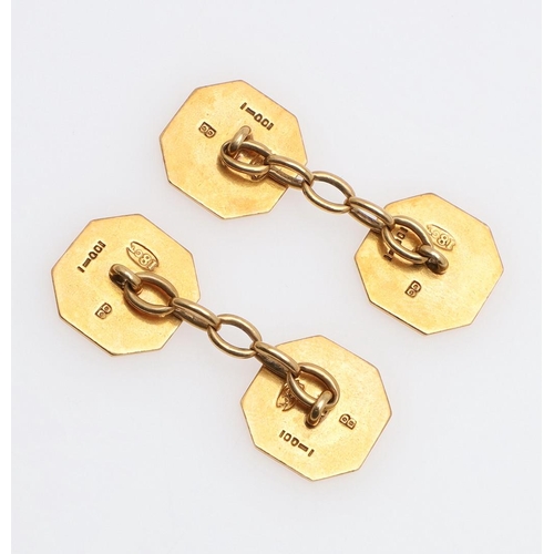 1040 - A PAIR OF 18CT GOLD CUFFLINKS. each link of octagonal-shape with engine turned decoration, 8.5 grams... 