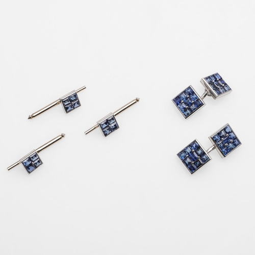 1043 - A PAIR OF SAPPHIRE CUFFLINKS BY SHREVE, CRUMP & LOW COMPANY, BOSTON. each link formed with nine squa... 