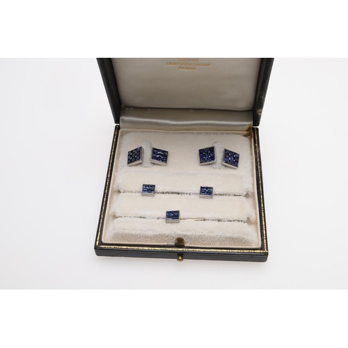 1043 - A PAIR OF SAPPHIRE CUFFLINKS BY SHREVE, CRUMP & LOW COMPANY, BOSTON. each link formed with nine squa... 