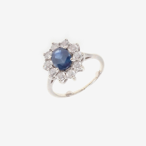 1063 - A SAPPHIRE AND DIAMOND CLUSTER RING. the oval-shaped sapphire is set within a surround of ten circul... 