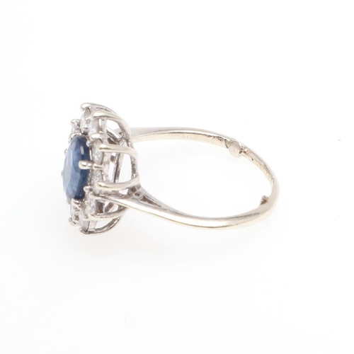 1063 - A SAPPHIRE AND DIAMOND CLUSTER RING. the oval-shaped sapphire is set within a surround of ten circul... 