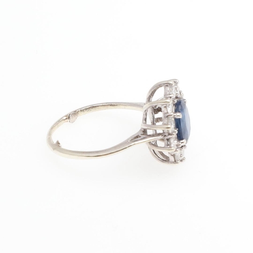 1063 - A SAPPHIRE AND DIAMOND CLUSTER RING. the oval-shaped sapphire is set within a surround of ten circul... 