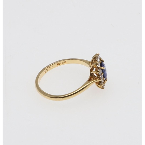 1067 - A SAPPHIRE AND DIAMOND CLUSTER RING. the oval-shaped sapphire is set within a surround of circular-c... 