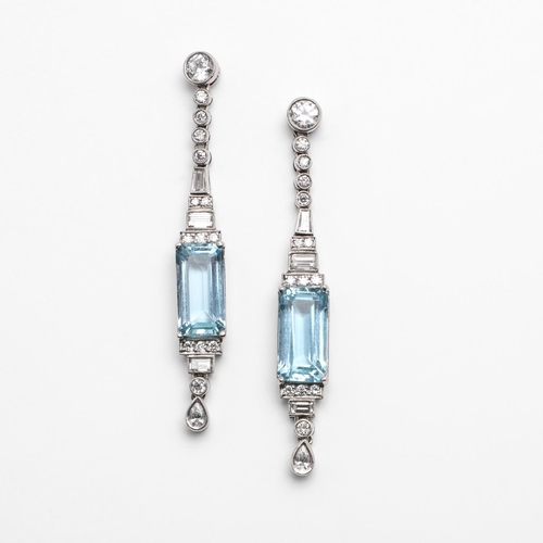 1298 - A PAIR OF AQUAMARINE AND DIAMOND DROP EARRINGS. each earring set with a rectangular-shaped aquamarin... 