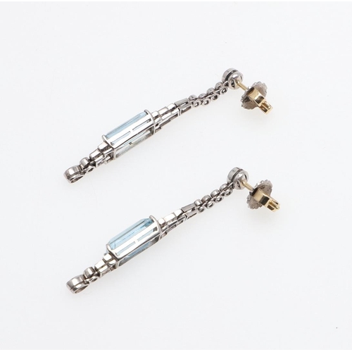 1298 - A PAIR OF AQUAMARINE AND DIAMOND DROP EARRINGS. each earring set with a rectangular-shaped aquamarin... 