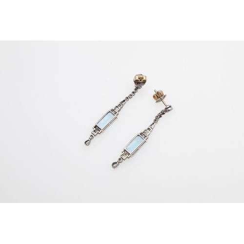 1298 - A PAIR OF AQUAMARINE AND DIAMOND DROP EARRINGS. each earring set with a rectangular-shaped aquamarin... 