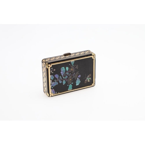 1316 - CARTIER. AN ART DECO LAC BURGAUTE, DIAMOND AND 18CT GOLD VANITY CASE. the shell inlay decoration dep... 