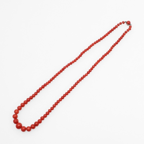 925 - A SINGLE ROW GRADUATED CORAL BEAD NECKLACE. the beads graduate from approximately 4.4mm to 11.0mm to... 