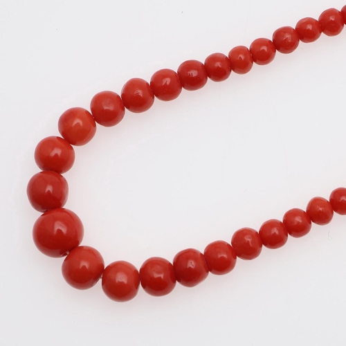 925 - A SINGLE ROW GRADUATED CORAL BEAD NECKLACE. the beads graduate from approximately 4.4mm to 11.0mm to... 