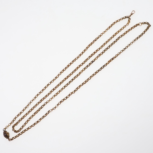 932 - A VICTORIAN GOLD MUFF CHAIN. formed with circular links with embossed decoration to a gold foliate c... 