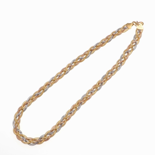 937 - AN 18CT THREE COLOUR GOLD NECKLACE. of woven plaited design, 38cm long, 20.3 grams.  *CR  No obvious... 