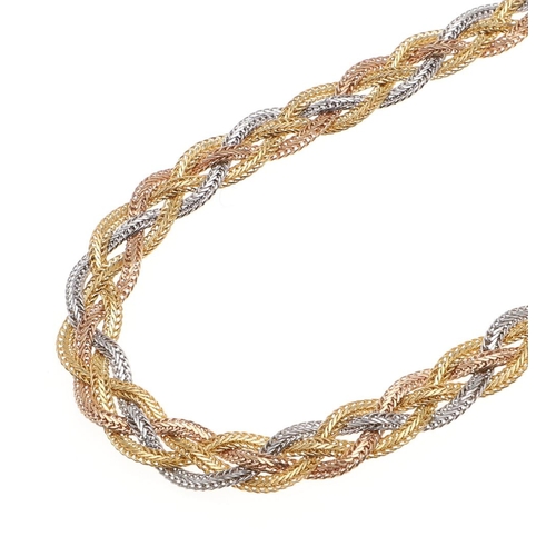 937 - AN 18CT THREE COLOUR GOLD NECKLACE. of woven plaited design, 38cm long, 20.3 grams.  *CR  No obvious... 