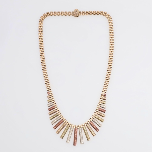 945 - A 9CT THREE COLOUR GOLD FRINGE NECKLACE. formed with graduated three gold textured baton drops, 48cm... 