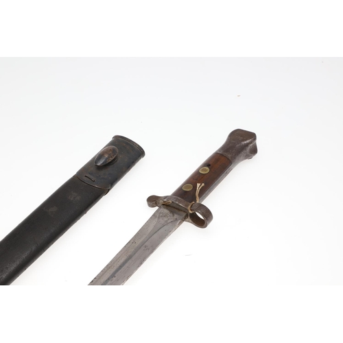 112 - A VICTORIAN 1888 PATTERN BAYONET AND SCABBARD BY WILKINSON. An 1888 pattern bayonet with a 30.5cm do... 