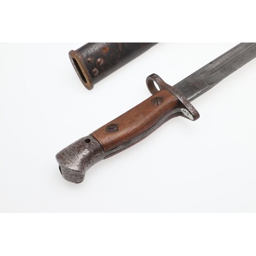 117 - A FIRST WORLD WAR 1907 PATTERN BAYONET AND SCABBARD. With a 43cm single edged fullered blade, the ri... 