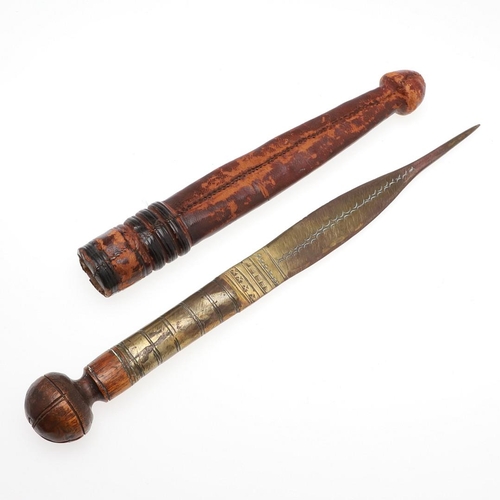 123 - A 19TH CENTURY STRAIGHT BLADED DAGGER AND TWO OTHERS. A short sword or dagger with a 34cm single sid... 