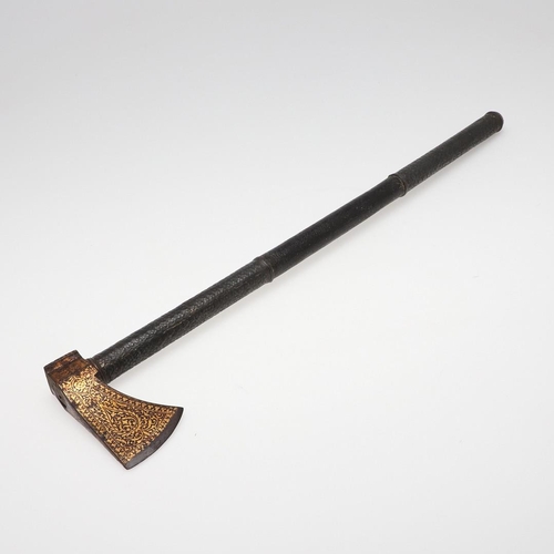 129 - A DECORATIVE 'TARBARZIN' PERSIAN SADDLE AXE WITH GILT DECORATED HEAD. A fine 19th century 'Tarbarzin... 