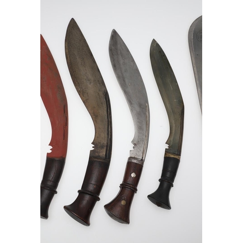 132 - A COLLECTION OF KUKRI KNIVES. A Military issue Kukri knife with traditionally shaped 34cm blade with... 