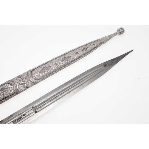 133 - A FINE NIELLO DECORATED COSSACK KINJAL DAGGER. With a 35cm tapering, pointed blade with central trip... 