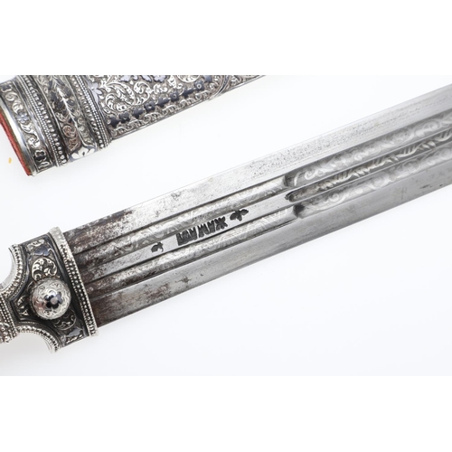 133 - A FINE NIELLO DECORATED COSSACK KINJAL DAGGER. With a 35cm tapering, pointed blade with central trip... 