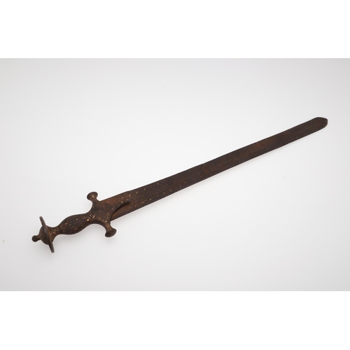 137 - A 19TH CENTURY INDIAN TULWAR TYPE SWORD. With a broad straight 57cm blade with pointed end and centr... 