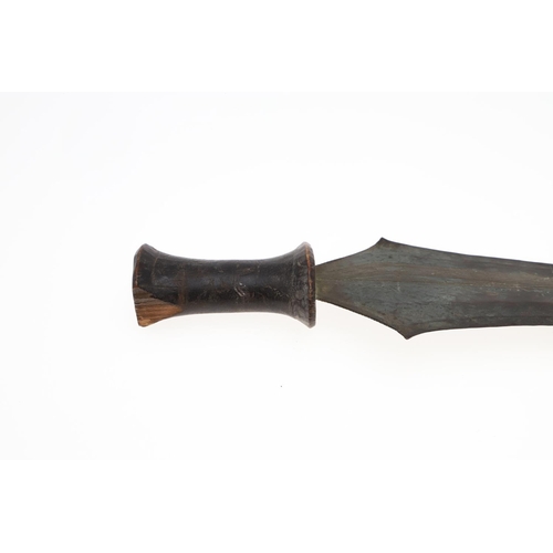 144 - TWO SIMILAR AFRICAN TRIBAL AXES, PROBABLY UPPER CONGO, AND A SIMILAR KNIFE. Two similar African axes... 