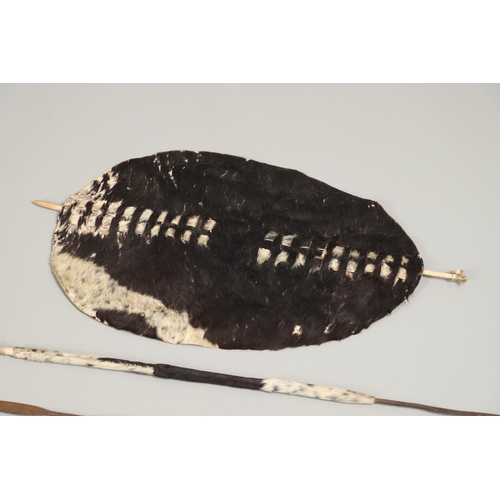 152 - TWO ZULU TYPE COWHIDE SHIELDS AND SIMILAR SPEARS. A Zulu black and whit cowhide shield 66 x 43cm wit... 