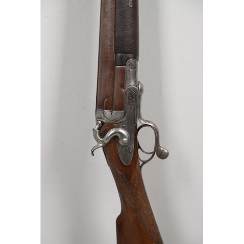 20 - A MASSIVE 19TH CENTURY ENGLISH 8 BORE FOWLING GUN. With an 8 bore single browned barrel with ejector... 