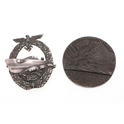 223 - A KRIEGSMARINE 2ND TYPE E-BOAT BADGE AND A LUSITANIA MEDAL. A 2nd type E boat badge with torpedo boa... 