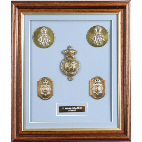 229 - A COLLECTION OF 1ST KING'S DRAGOON GUARDS HORSE HARNESS FURNITURE. A well presented framed collectio... 